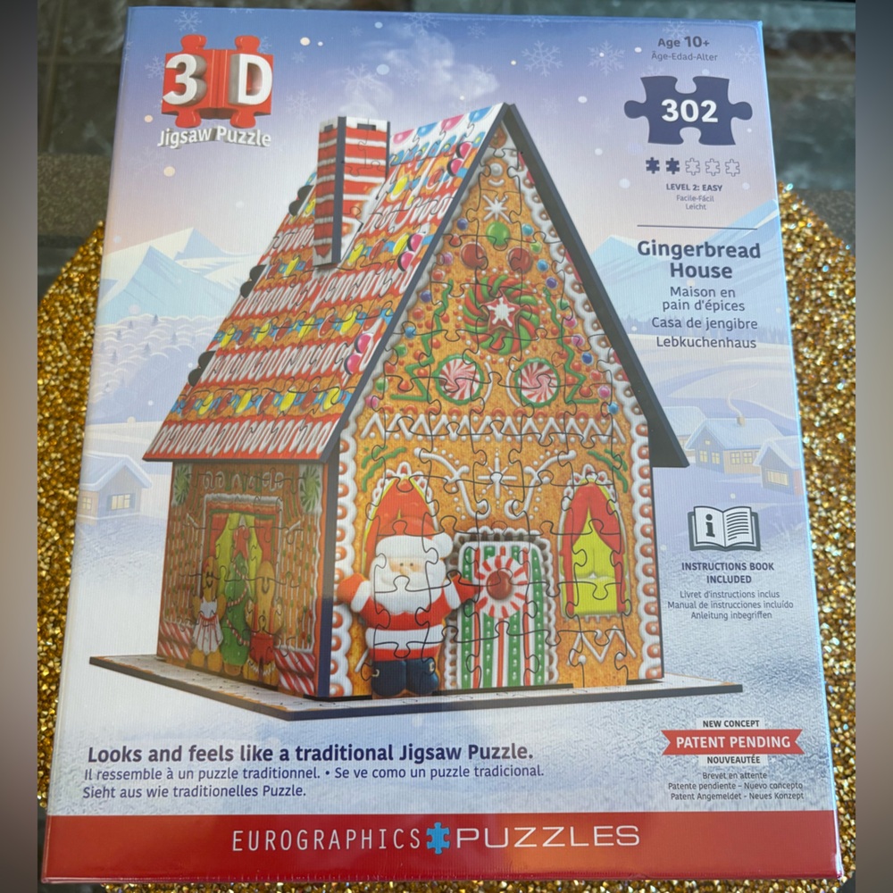 EuroGraphics NWT 3D Gingerbread House Puzzle 302 pieces. Age 10+. Instructions.